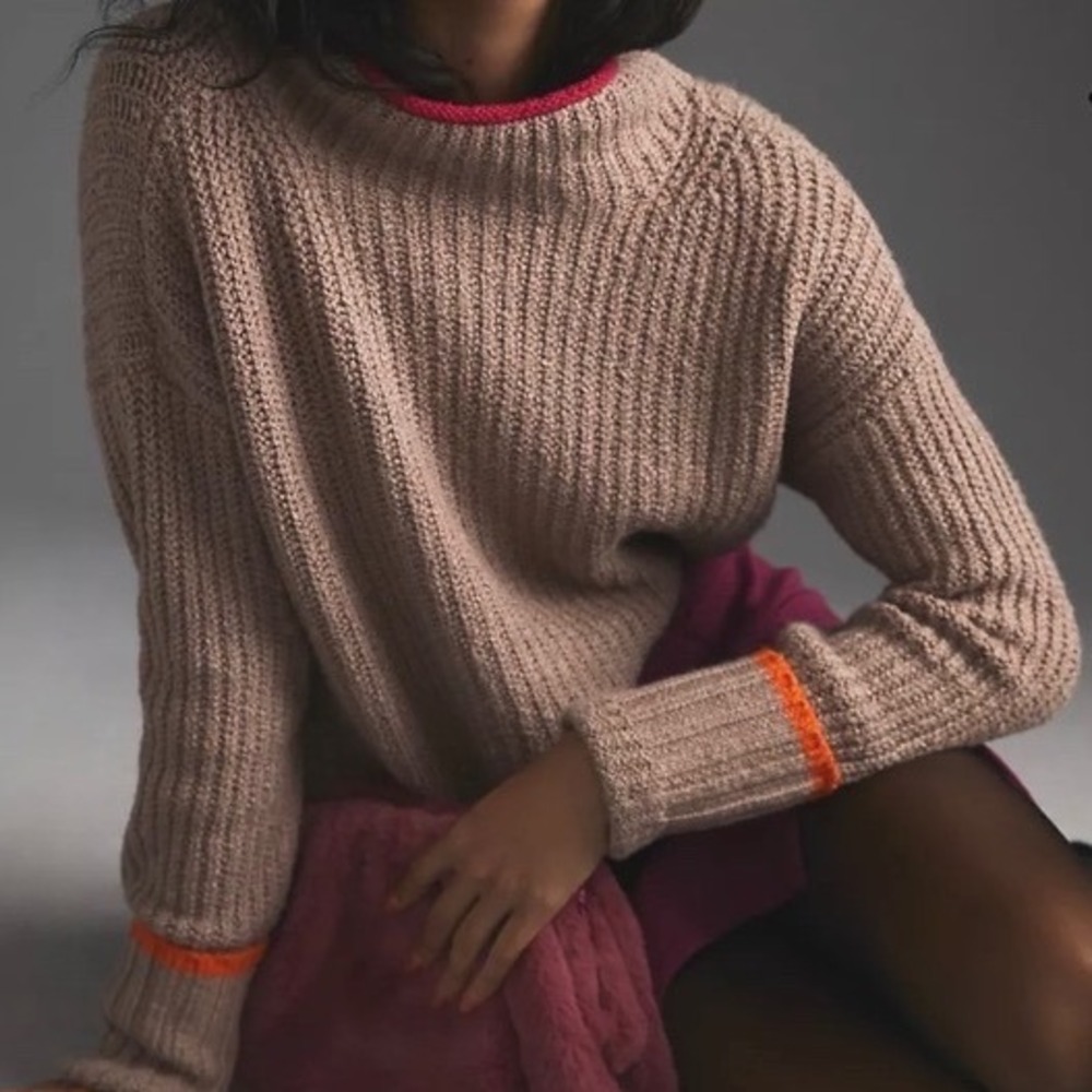 Maeve Anthropologie Mock Neck Ribbed Knit Sweater Taupe Pink Orange Trim XXS‎